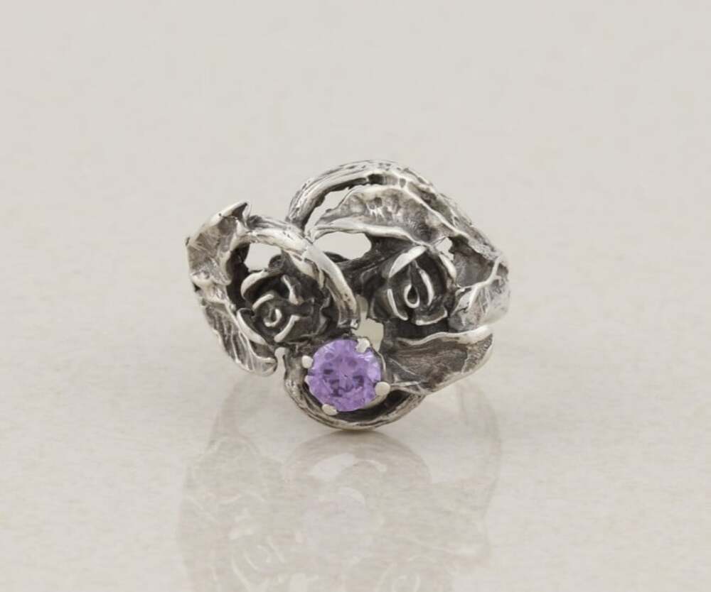 Sterling Silver Modernist Free Form Rose Flower Purple CZ Ring Size 7